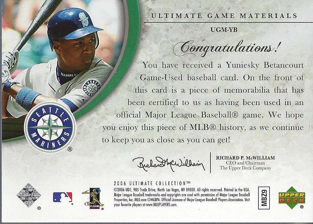 2006 Ultimate Collection Game Materials #YB Yuniesky Betancourt Jsy back image