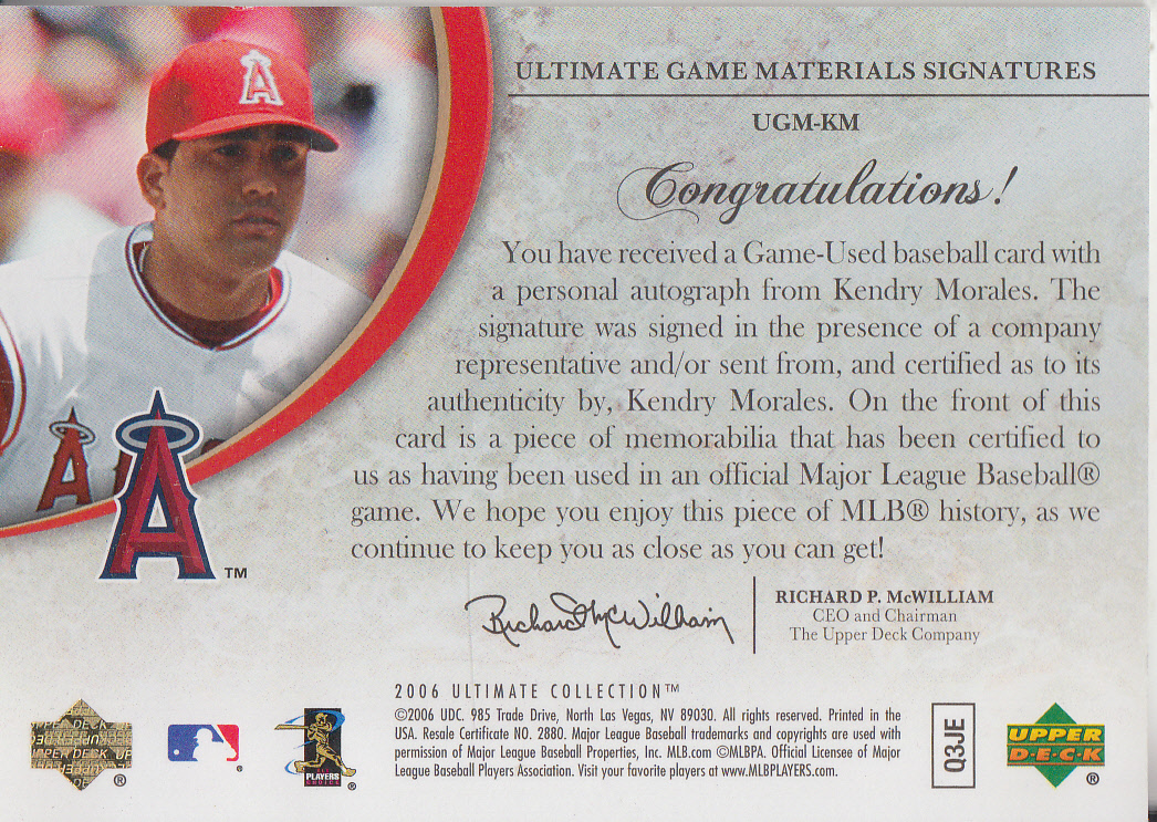 2006 Ultimate Collection Game Materials Signatures #KM Kendry Morales Jsy back image