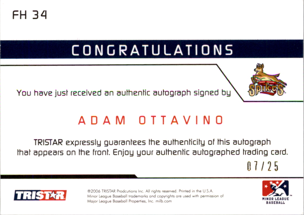 2006 TRISTAR Prospects Plus Farm Hands Autographs Gold #34 Adam Ottavino back image