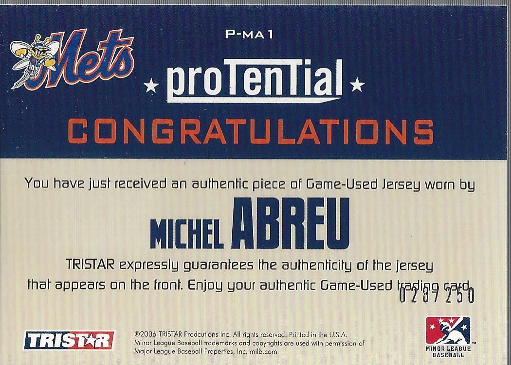 2006 TRISTAR Prospects Plus ProTential Game Used 250 #MA Michel Abreu Jsy back image