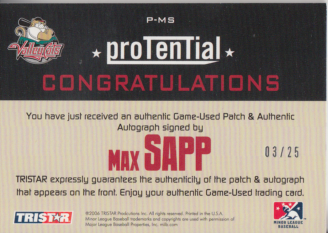 2006 TRISTAR Prospects Plus ProTential Patches #MS Max Sapp back image