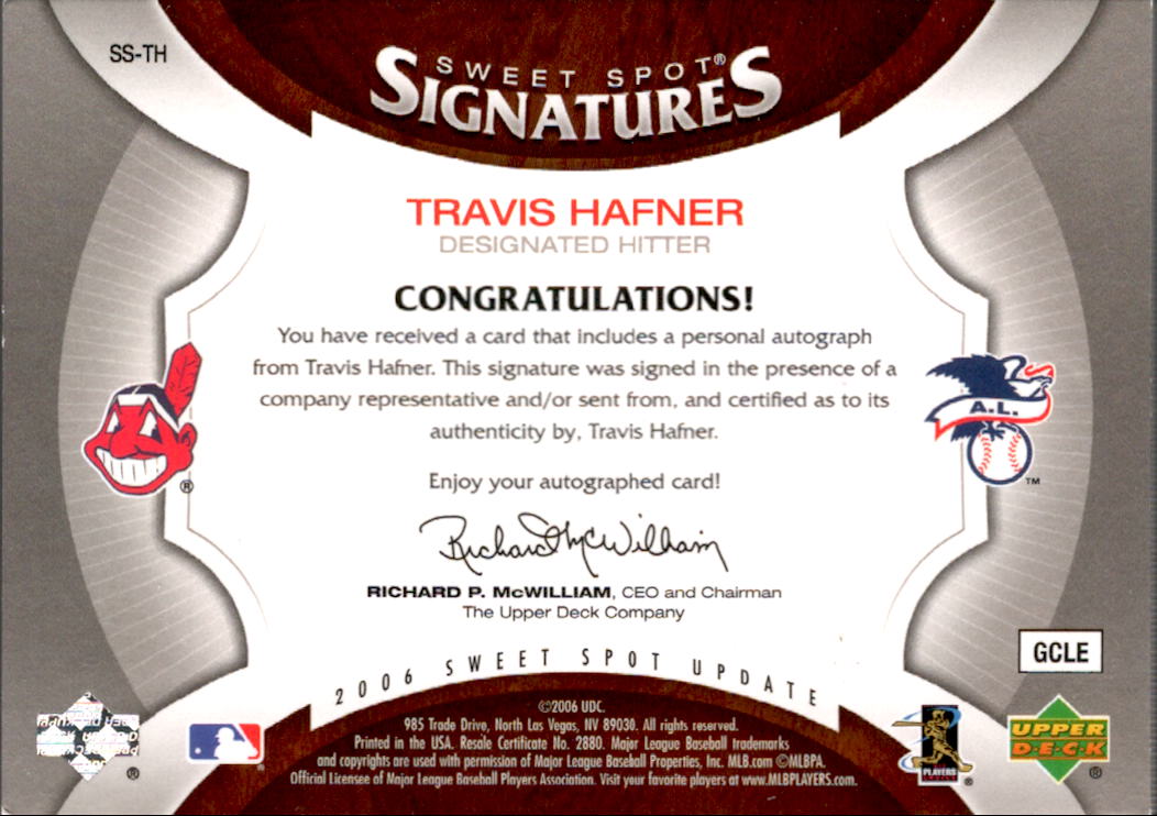 2006 Sweet Spot Update Veteran Signatures Red Stitch Blue Ink #SSTH Travis Hafner/525 back image