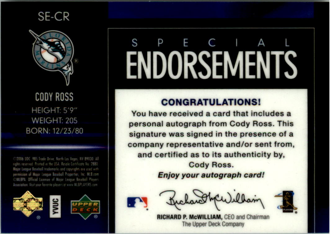 2006 Upper Deck Special F/X Special Endorsements #CR Cody Ross back image