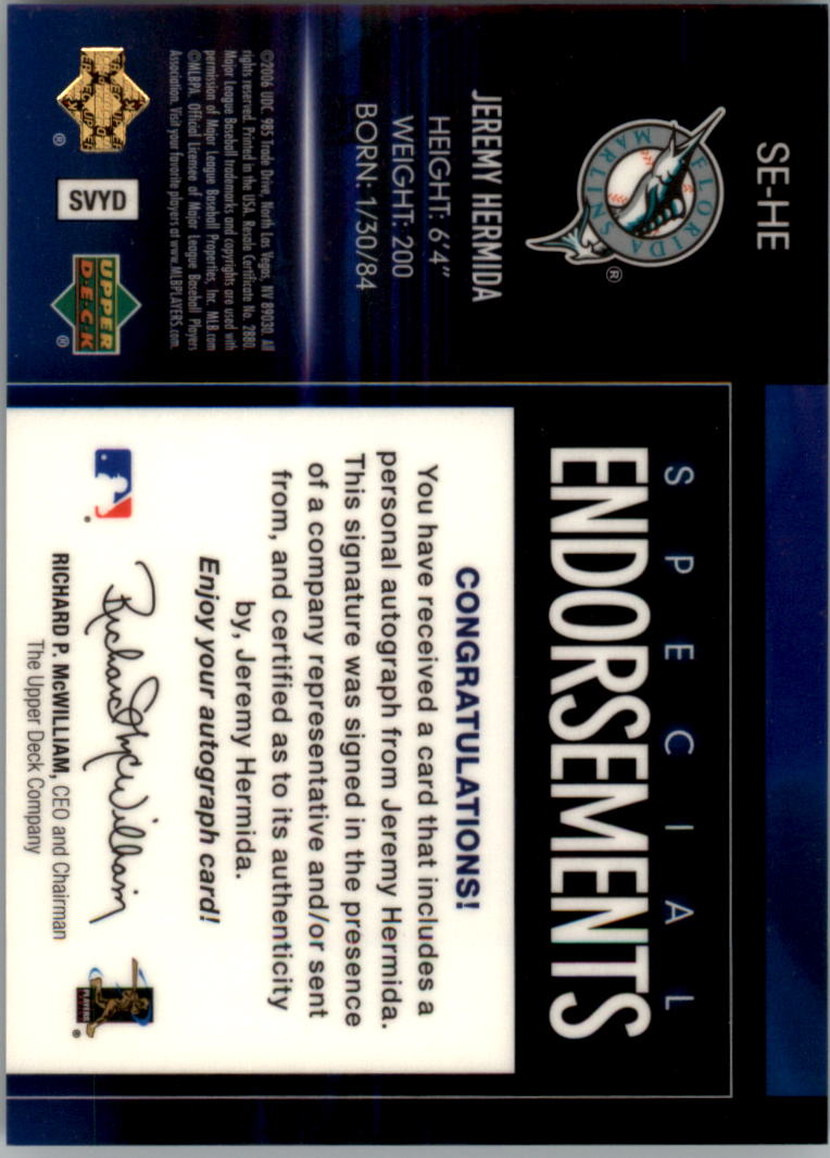 2006 Upper Deck Special F/X Special Endorsements #HE Jeremy Hermida EXCH * back image