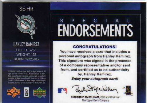 2006 Upper Deck Special F/X Special Endorsements #HR Hanley Ramirez back image