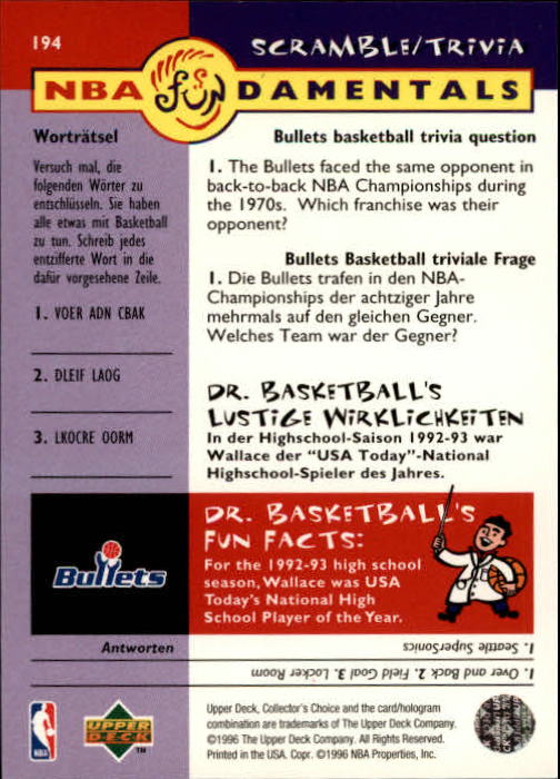 1996-97 Collector's Choice International German #194 Rasheed Wallace FUND back image