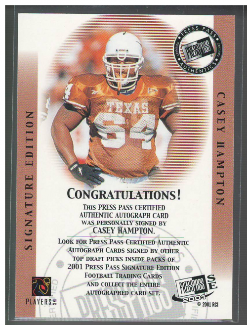 2001 Press Pass SE Autographs Bronze #13 Casey Hampton back image