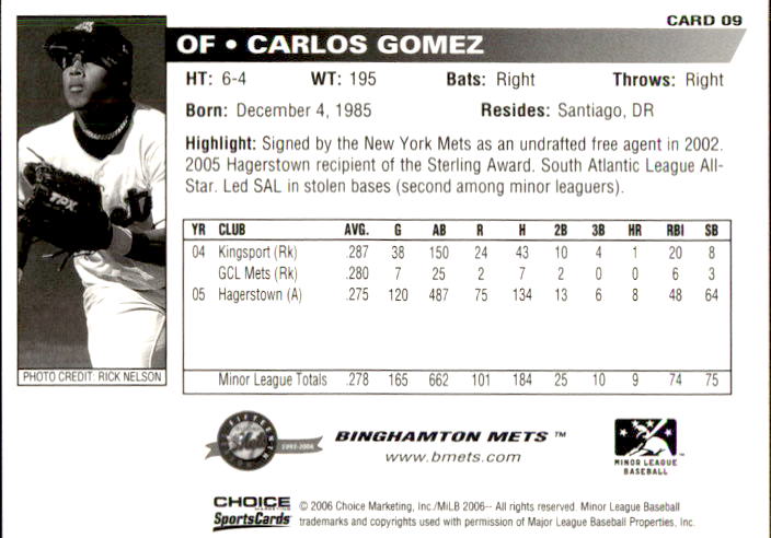 2006 Binghamton Mets Choice #9 Carlos Gomez - NM