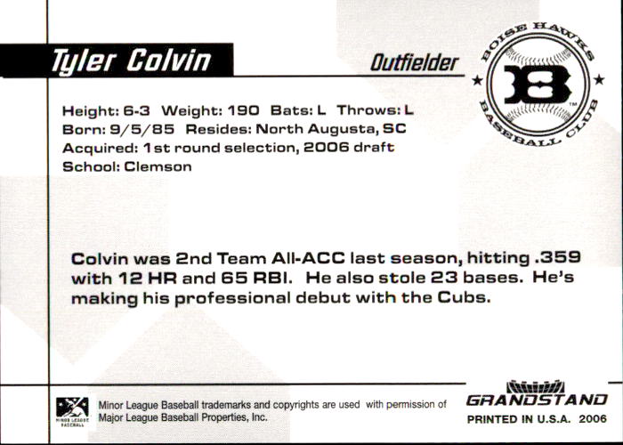 2006 Boise Hawks Grandstand #22 Tyler Colvin back image