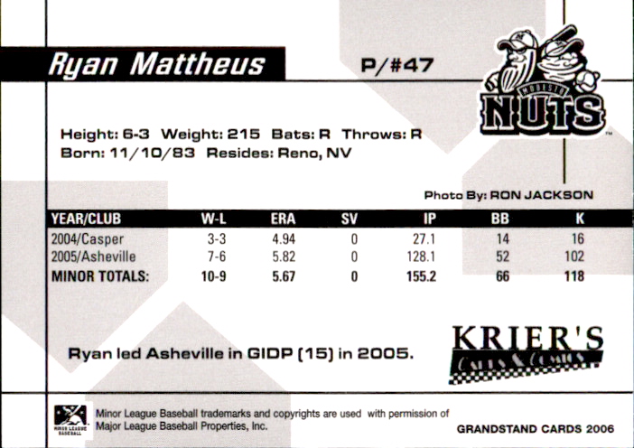 2006 Modesto Nuts Grandstand #30 Ryan Mattheus back image