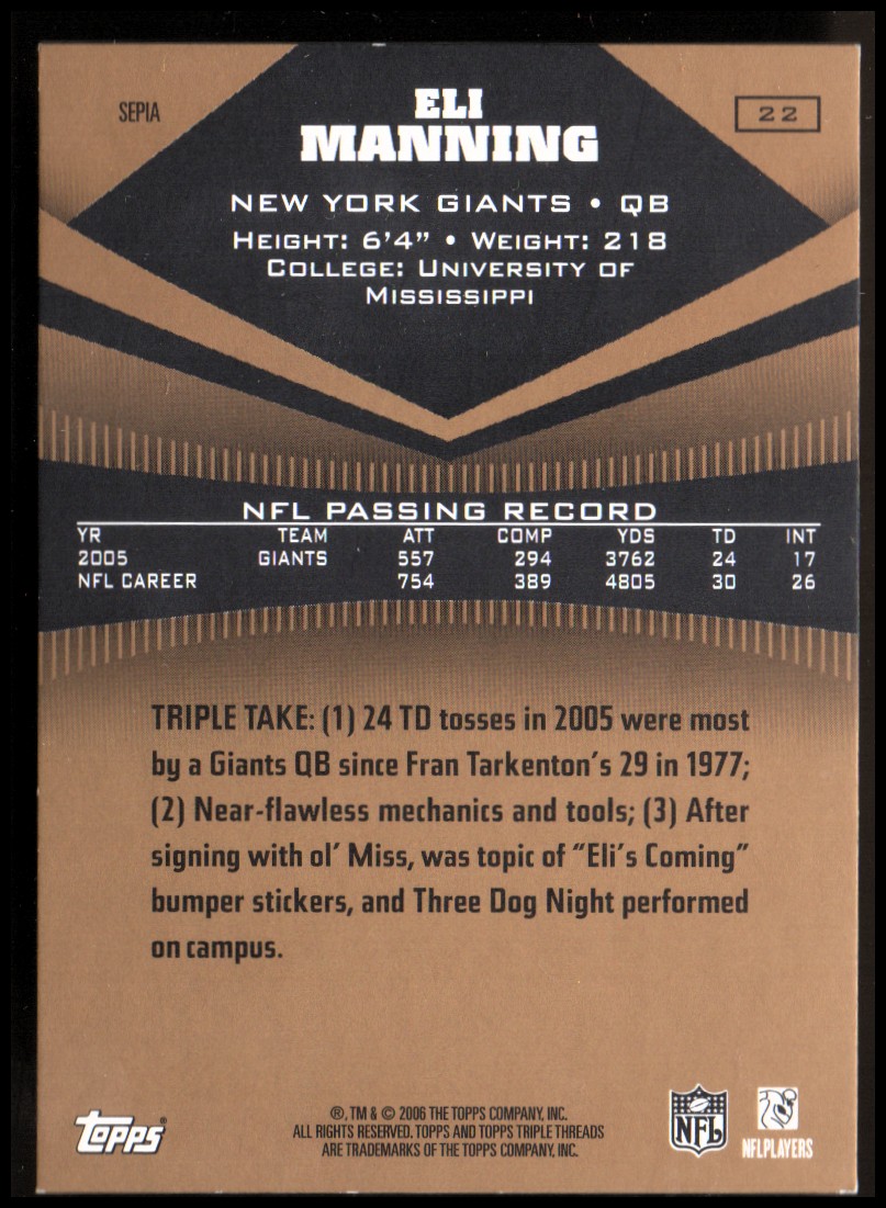2006 Topps Triple Threads Sepia #22 Eli Manning back image