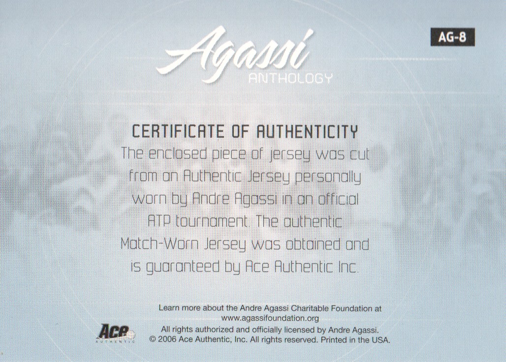 2006 Ace Authentic Grand Slam Agassi Anthology Materials #AG8 Andre Agassi '03 Oz/228 * back image
