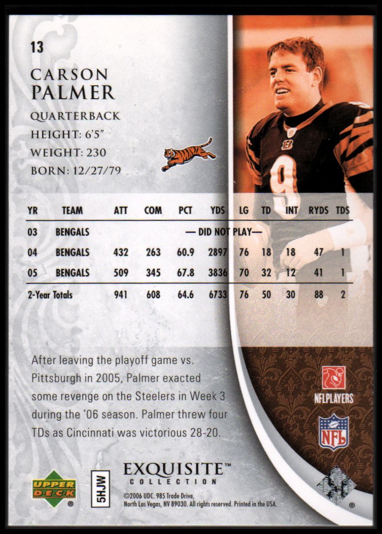 2006 Exquisite Collection #13 Carson Palmer back image