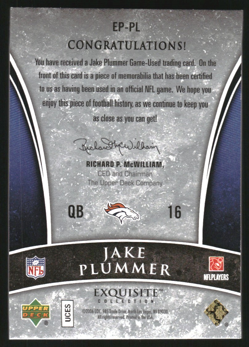 2006 Exquisite Collection Patch Gold #EPPL Jake Plummer back image