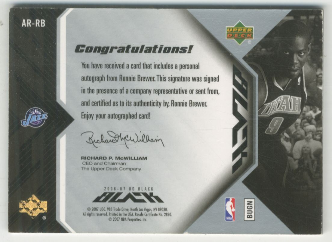 2006-07 UD Black Autographs Rookies #RB Ronnie Brewer back image