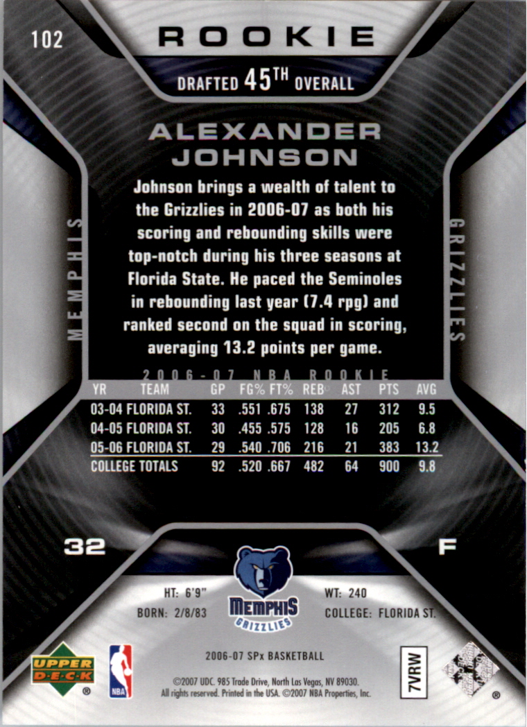 2006-07 SPx #102 Alexander Johnson RC back image