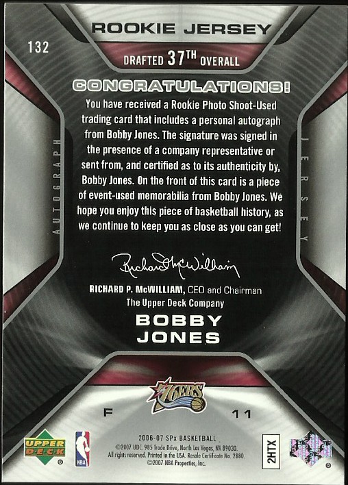 2006-07 SPx #132 Bobby Jones JSY AU RC back image