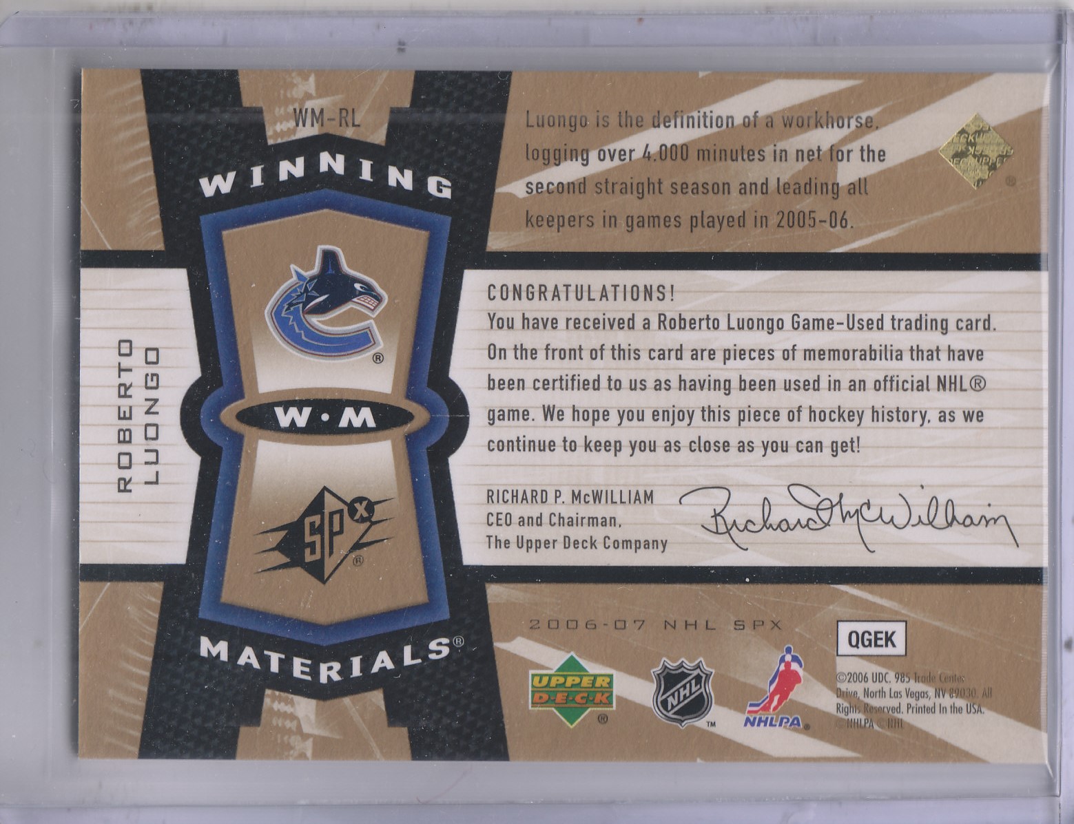2006-07 SPx Winning Materials #WMRL Roberto Luongo back image
