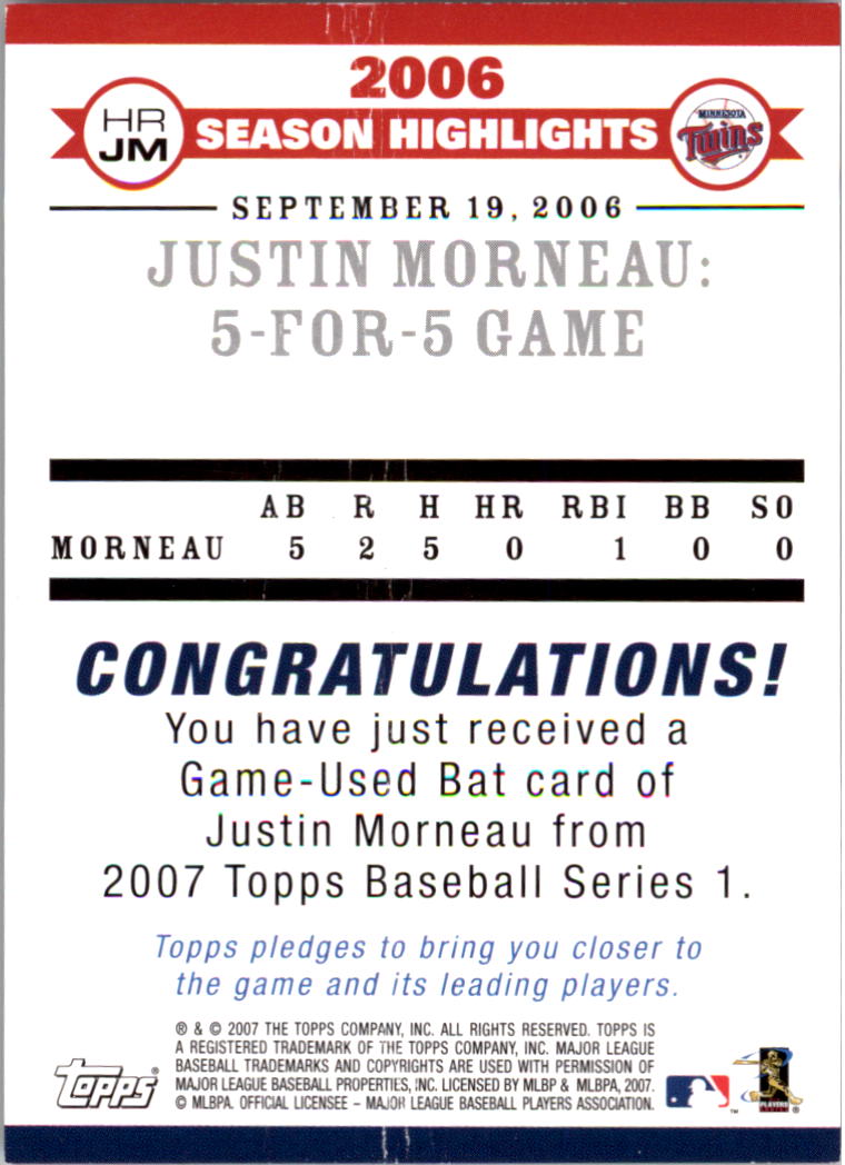 2007 Topps Highlights Relics #JM Justin Morneau Bat B back image