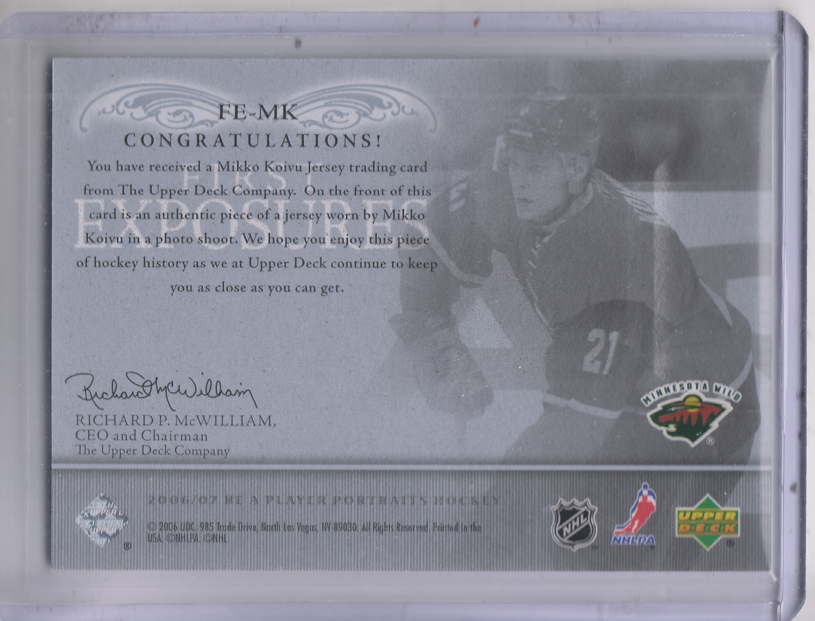 2006-07 Be A Player Portraits First Exposures #FEMK Mikko Koivu back image