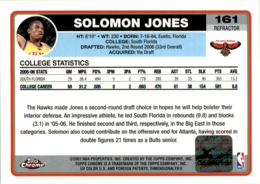 2006-07 Topps Chrome Autographs Refractors Black #161 Solomon Jones D back image
