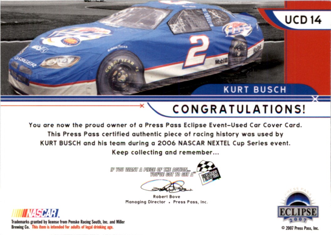 2007 Press Pass Eclipse Under Cover Drivers #UCD14 Kurt Busch back image
