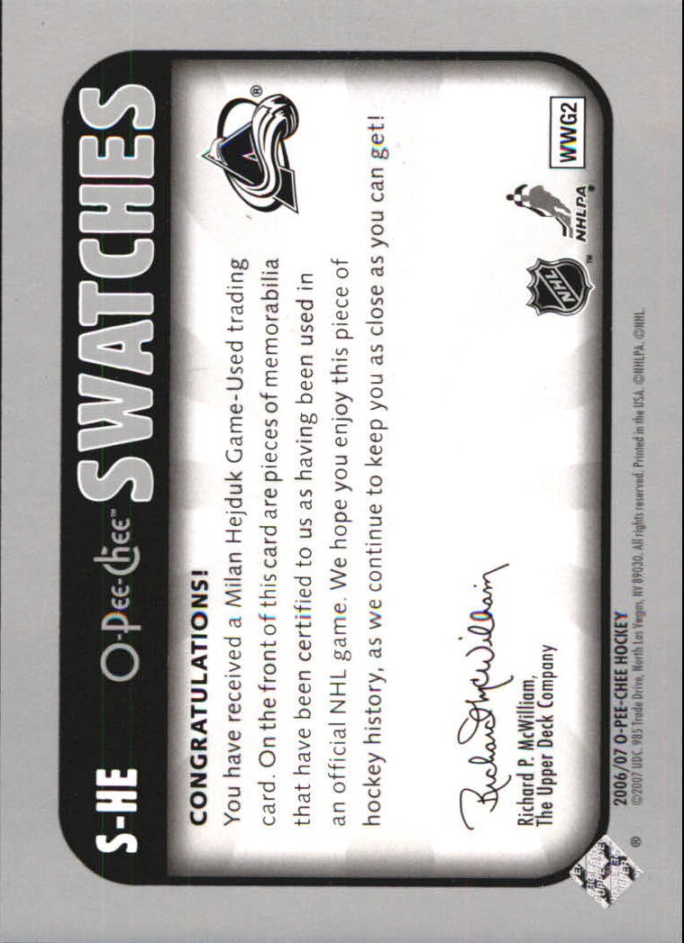 2006-07 O-Pee-Chee Swatches #SHE Milan Hejduk back image