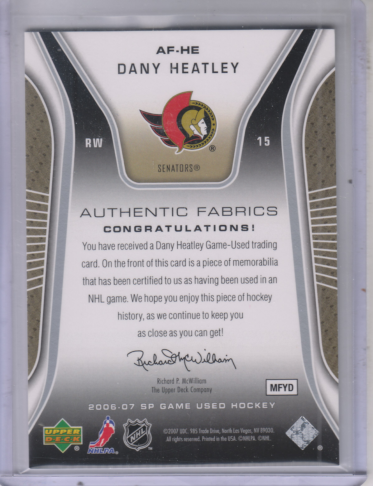 2006-07 SP Game Used Authentic Fabrics #AFHE Dany Heatley back image