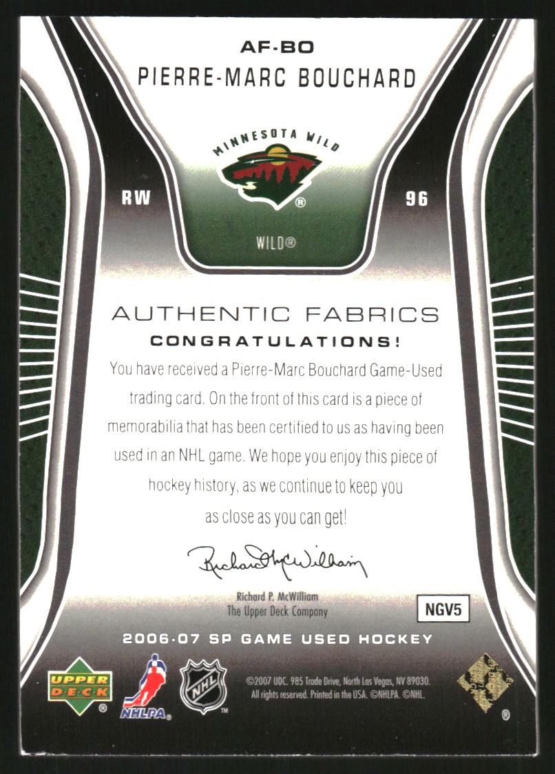 2006-07 SP Game Used Authentic Fabrics Patches #AFBO Pierre-Marc Bouchard back image
