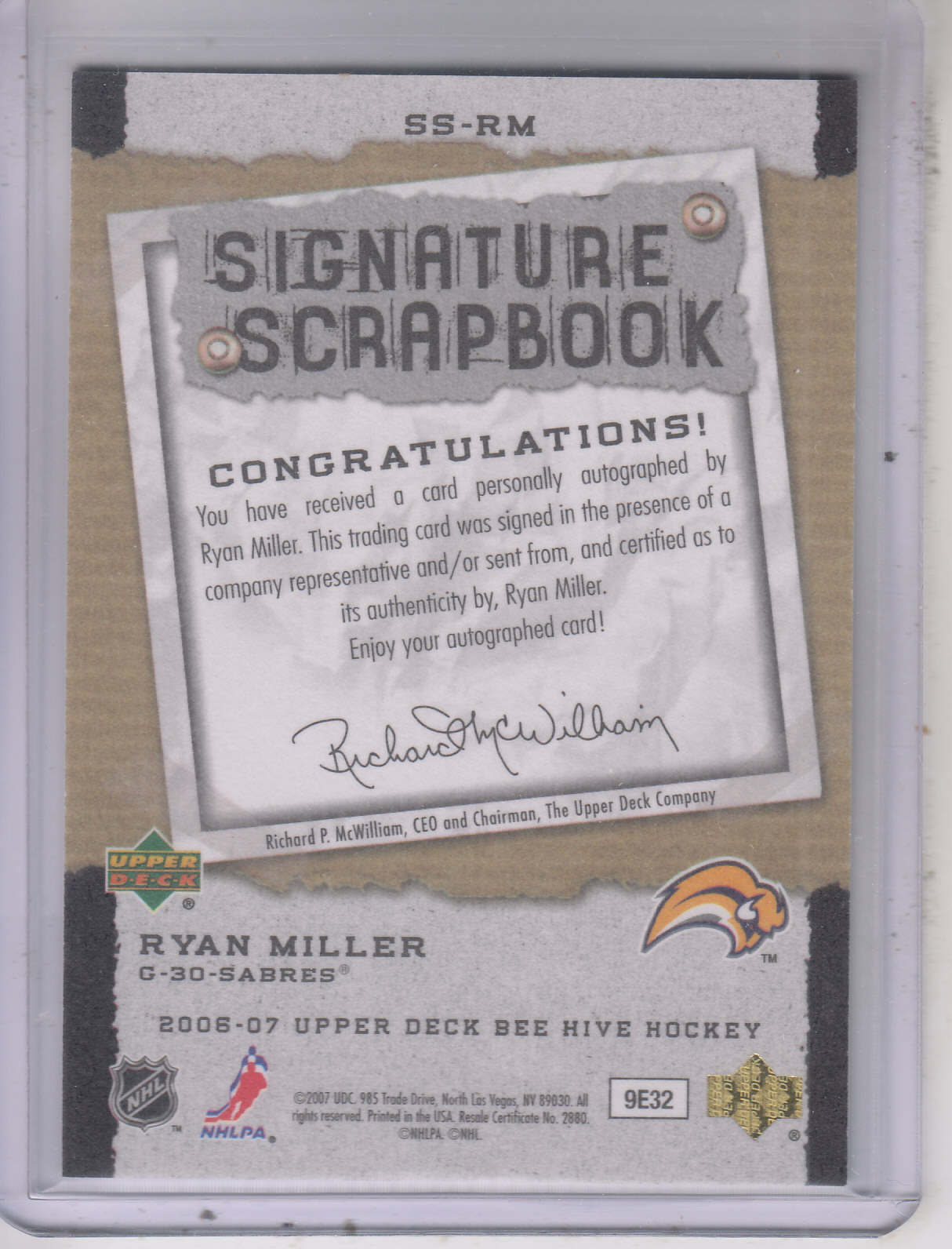 2006-07 Beehive Signature Scrapbook #SSRM Ryan Miller back image