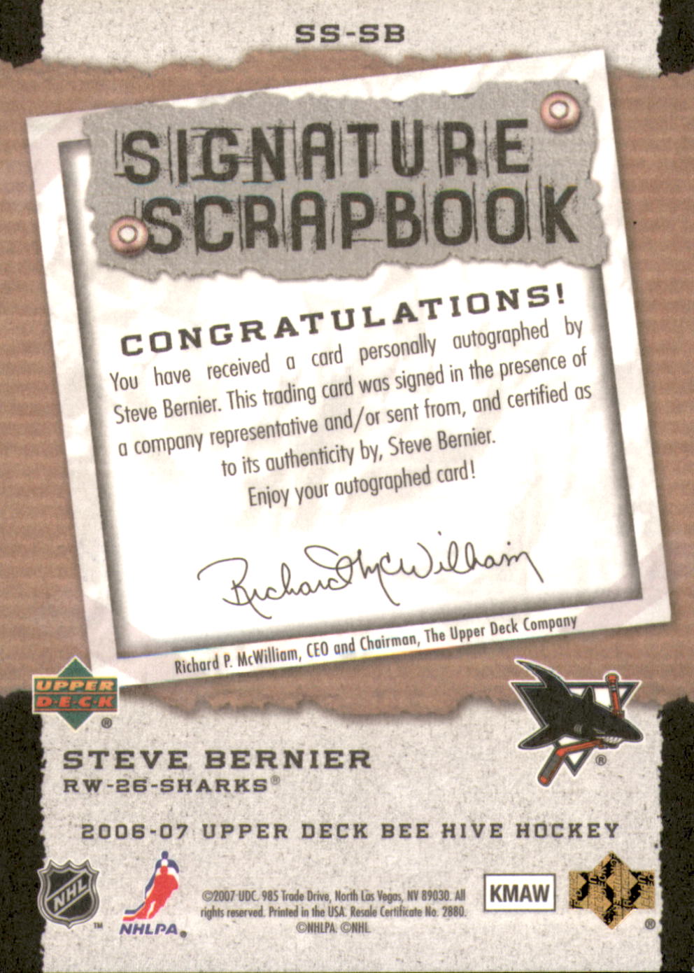 2006-07 Beehive Signature Scrapbook #SSSB Steve Bernier back image