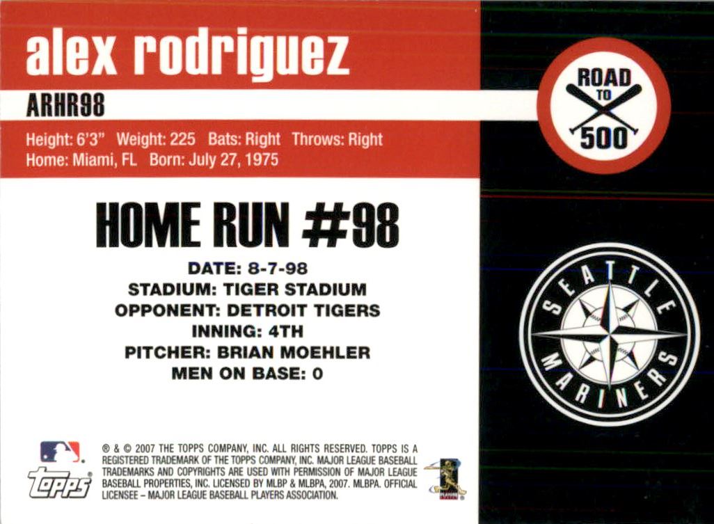 2007 Topps Alex Rodriguez Road to 500 #ARHR98 Alex Rodriguez back image