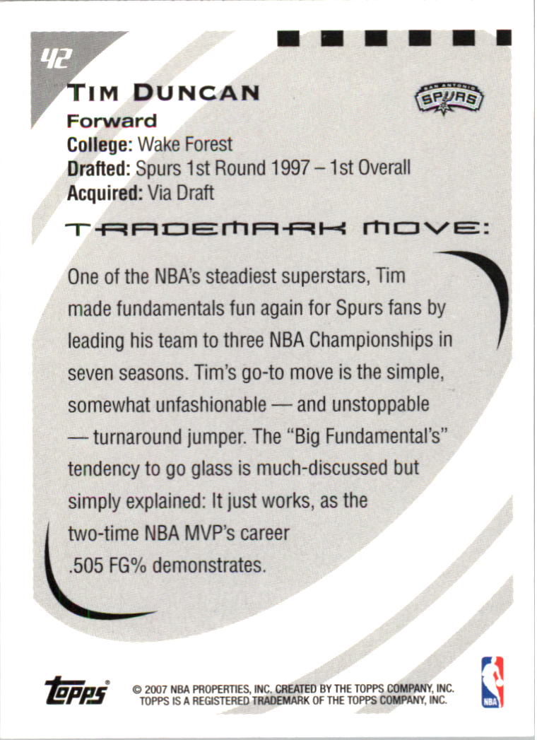 2006-07 Topps Trademark Moves #42 Tim Duncan back image