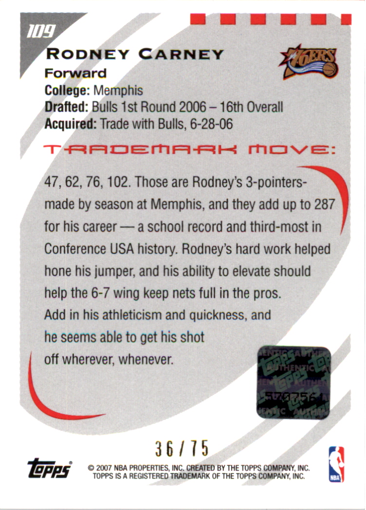 2006-07 Topps Trademark Moves #109 Rodney Carney AU/75 RC back image