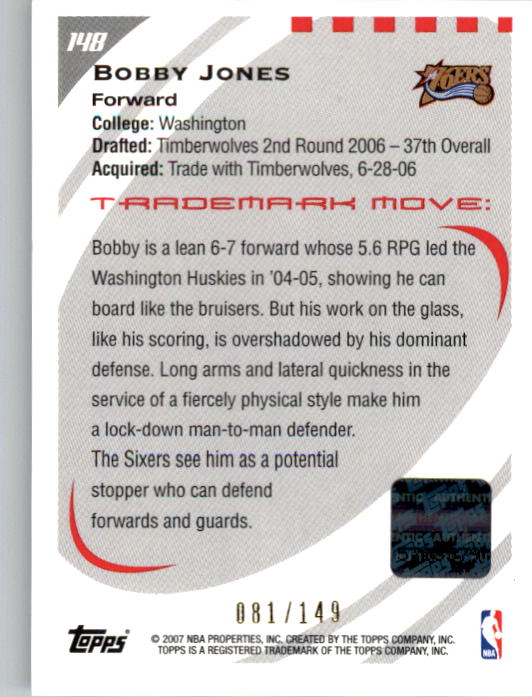 2006-07 Topps Trademark Moves #148 Bobby Jones AU/149 RC back image
