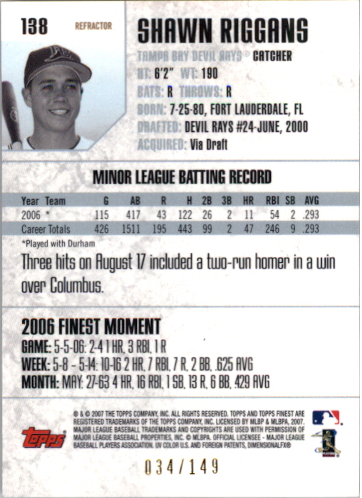 2007 Finest Rookie Photo Variation Refractors #138 Shawn Riggans w/Bat back image