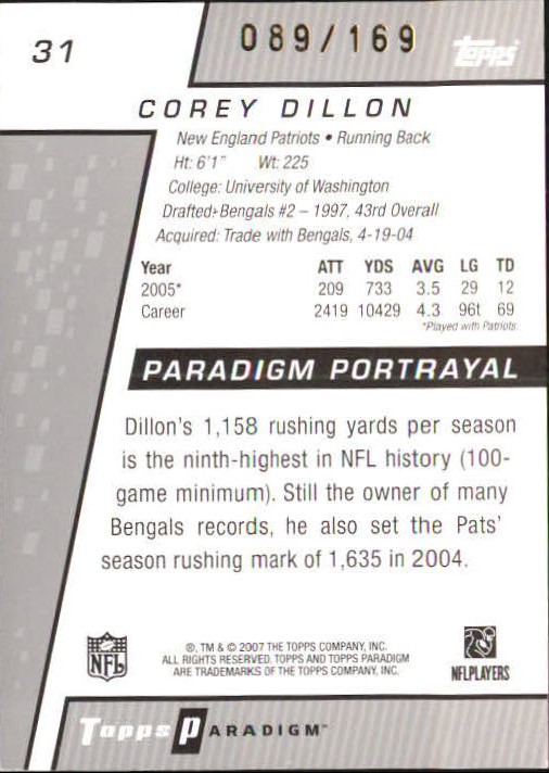 2006 Topps Paradigm #31 Corey Dillon back image
