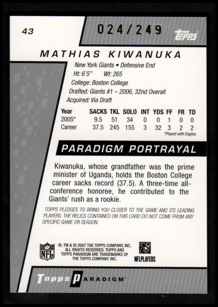 2006 Topps Paradigm #43 Mathias Kiwanuka JSY RC back image