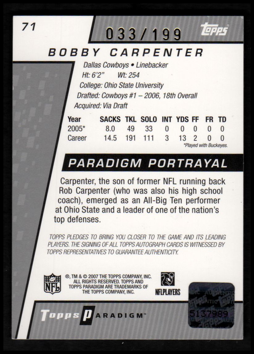 2006 Topps Paradigm #71 Bobby Carpenter AU/199 RC back image