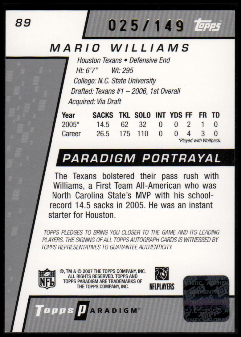 2006 Topps Paradigm #89 Mario Williams AU/149 RC back image