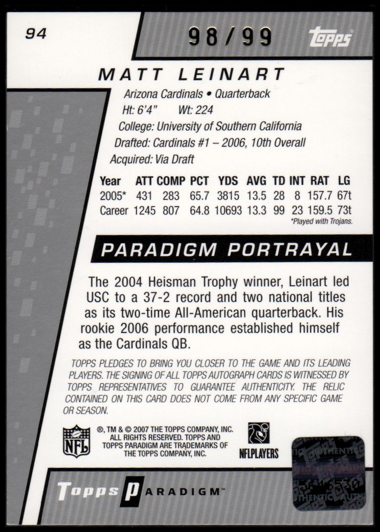 2006 Topps Paradigm #94 Matt Leinart JSY AU/99 RC back image