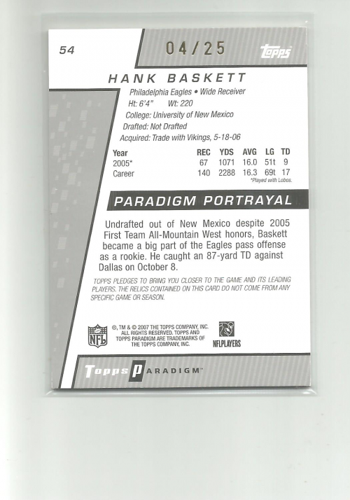 2006 Topps Paradigm Gold #54 Hank Baskett JSY back image