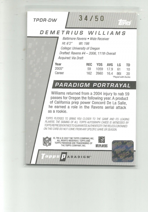 2006 Topps Paradigm Rookie Dual Jersey Autographs Gold #DW Demetrius Williams back image