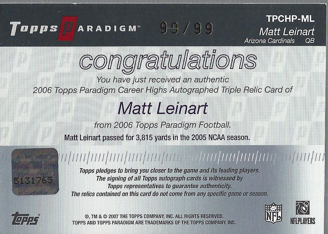 2006 Topps Paradigm Career Highs Triple Jersey Autographs #PML Matt Leinart back image