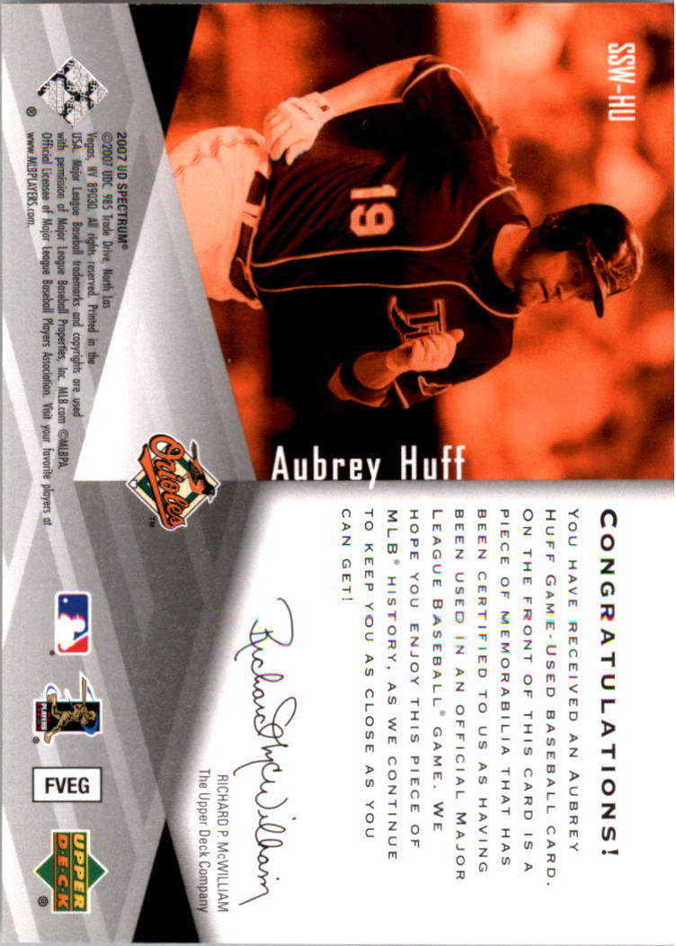 2007 Upper Deck Spectrum Swatches #HU Aubrey Huff back image