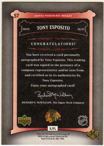 2006-07 Parkhurst Autographs #57 Tony Esposito back image