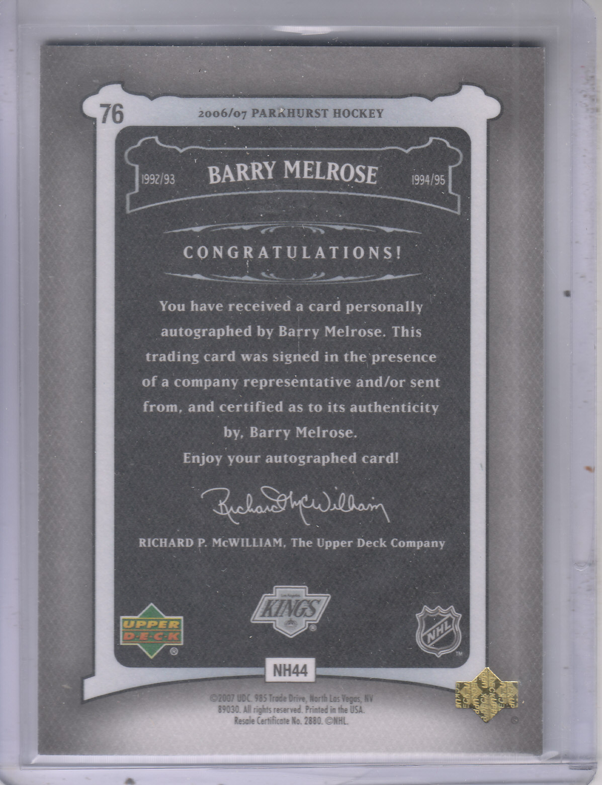 2006-07 Parkhurst Autographs #76 Barry Melrose back image