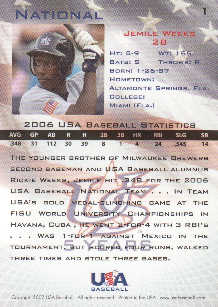 2006-07 USA Baseball #1 Jemile Weeks back image