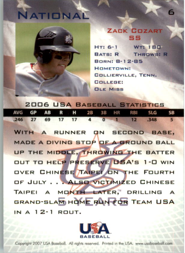2006-07 USA Baseball #6 Zack Cozart back image
