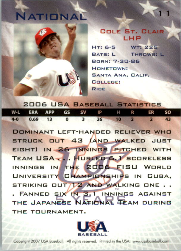 2006-07 USA Baseball #11 Cole St. Clair back image